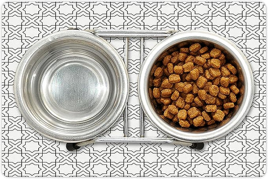 Lunarable Modern Pet Mat for Food and Water, Geometric Oriental Morrocan Design with Star Squares Lines Triangles Art Print, Non-Slip Rubber Mat for Dogs and Cats, 18" X 12", Off White