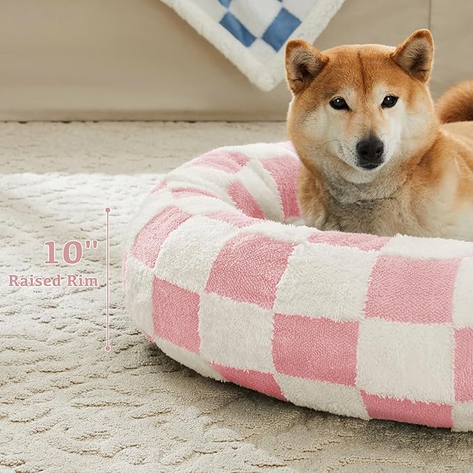 Checkered Dog Bed, Cute Girly Pink Retro Style Aesthetic Round Warming Pet Calming Beds for Small Dog and Cats, Plush Cozy Donut Dog Beds Washable, 30" L x 30" W x 8" Th