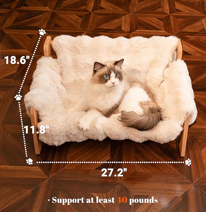 Elevated Cat Couch Bed for Indoor Cats, Wooden Cat Sofa with Removable Washable Fluffy Cover Raised Kitty Lounge Chair Suitable for Puppy(Cat Sofa Off-White)