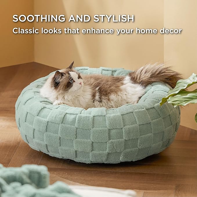 Bedsure Cat Beds for Indoor Cats - Donut Dog Beds for Small Dogs Puppy Kitten with Anti Slip Bottom, Round Sherpa Pet Beds with Washable Removable Cover, Garden Green, 20x20x6 inches