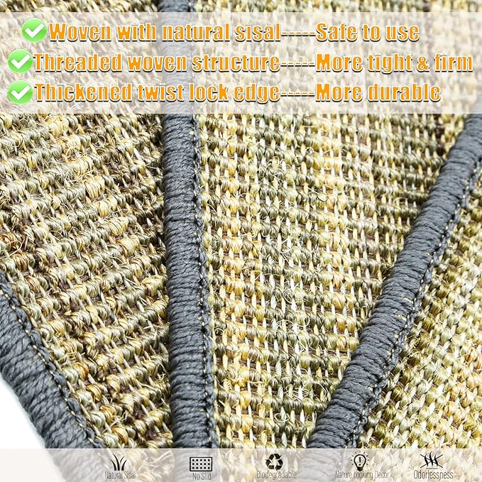 Cat Scratching Pad, 23.6 x 15.7inch Sisal Scratch Mat With Velcro Tapes, Stick on Floor Pad for Wall Scratcher, Horizontal Scratcher Protect Carpets and Sofa (Striped Style)