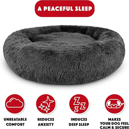 The Dog’s Bed Sound Sleep Donut Dog Bed, XXL Grey Fur Calming Nest Bed Removable Cover, Veterinary Approved