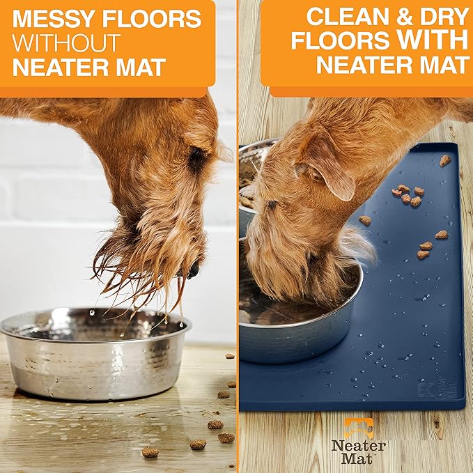 Neater Pet Brands Neater Mat Pet Mats for Food and Water, Cat & Dog Bowl Mat Waterproof Silicone, Feeding Tray, Dog Food Mats for Floors, Placemat w/Raised Edge for Under Bowls, 24" x 16", Dark Blue