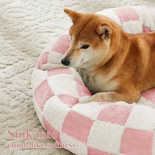 Checkered Cat Dog Bed, Cute Girly Pink Retro Style Aesthetic Round Warming Pet Calming Beds for Small Dog and Cats, Plush Cozy Donut Beds Washable, 23" L x 23" W x 8" Th
