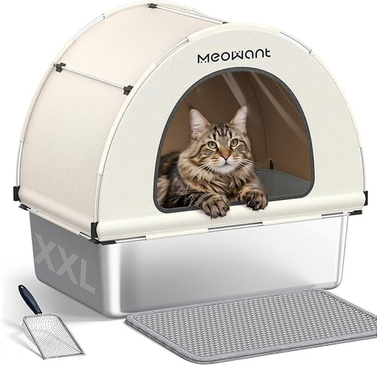 Meowant Enclosed Stainless Steel Cat Litter Box, Extra Large 3-in-1 Covered Litter Box with High Sided Oxford Fabric Cover, Metal Scoop, Leakproof, Odor Resistant, Non-Sticky, Easy Cleaning