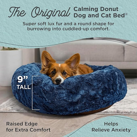 Best Friends by Sheri Original Calming Donut Dog and Cat Bed, Lux Faux Fur, Navy Blue, (30in x 30in) - Anxiety Relief for Pets Up to 45 lbs
