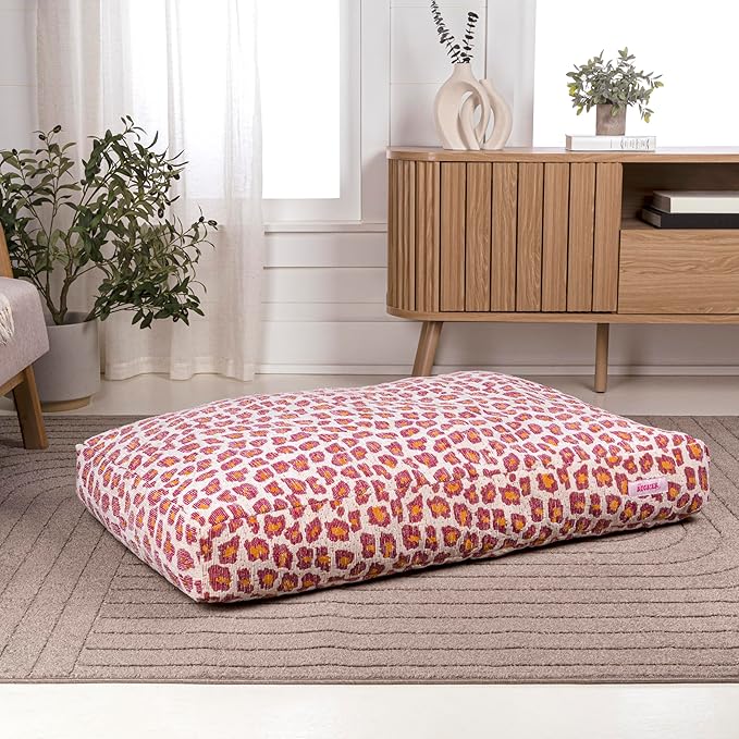 DBD3001F-XL Mabel 49.5" x 31.5" Designer Modern Ultra Soft Reversible Plush Rectangular Pet Bed with Washable Cover, Raspberry Leopard
