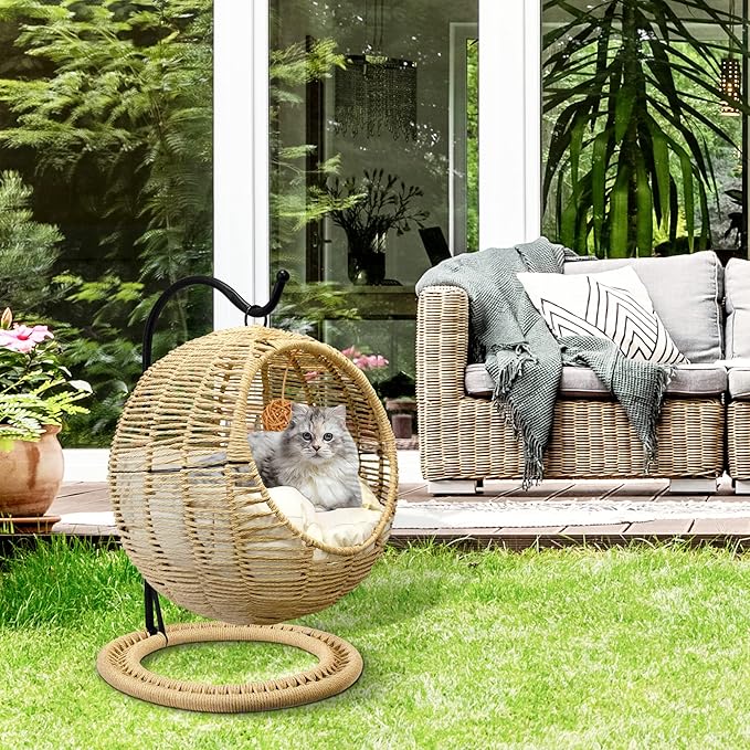 BROWN-BROWN Wicker Cat Bed Indoors & Outdoors, Hand Made Cat Swing Bed with Removable Cushion & Hanging Ball, Washable Pet Swing for Cat, Small Dog, Small Animals