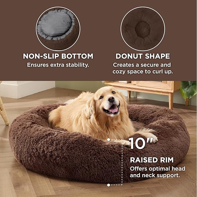 Bedsure Calming Dog Bed for Extra Large Dogs - Donut Washable Large Pet Bed, Anti-Slip Round Fluffy Plush Faux Fur Dog Bed, Fits up to 120 lbs Pets, Coffee, 45 inches