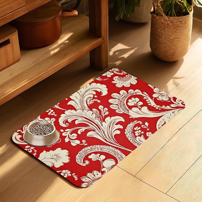 Red White Paisley Dog Food Mat-Absorbent Pet Feeding Mat for Food and Water Bowl, Quick Dry Dog Placemat with Rubber Backing-No Stains Pet Supplies for Messy Drinkers 12"x20"