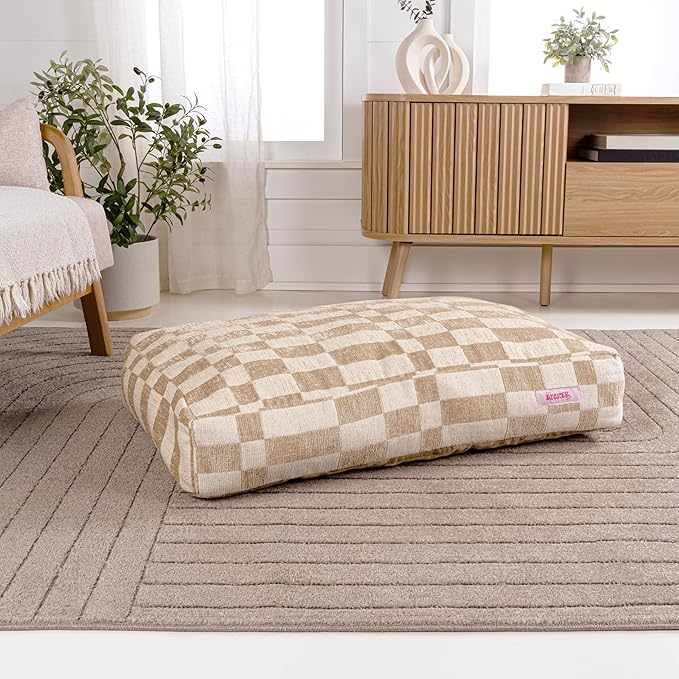 DBD3001A-XL Mabel 49.5" x 31.5" Designer Modern Ultra Soft Reversible Plush Rectangular Pet Bed with Washable Cover, Oatmeal Check