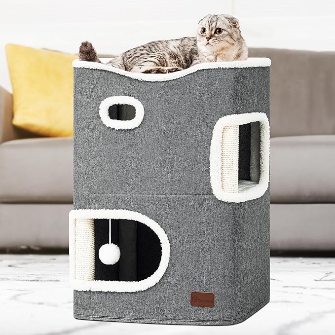 YITAHOME 2 Storey Cat House, Cat Beds for Indoor Cats, Small Cat Condo with Scratch Post and Hideaway Cave, Modern Cat Cube Playhouse for Multi Kittens, Classic Style, Grey