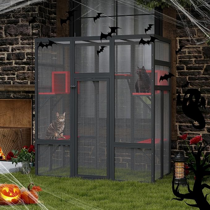 71Inches Large Wood Catio Outdoor Cat Enclosure with Perches and Condos, Cat House Indoor with Waterproof Roof, Cat Shelter 7 Platforms & 2 Resting Box, UV Resistant (Gothic)