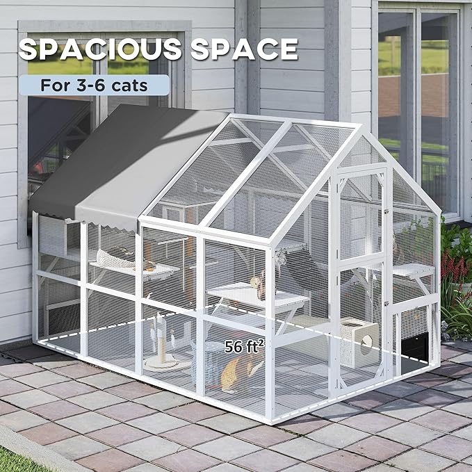PawHut Large Catio Outdoor Cat Enclosure for Multiple Kittens, Wooden Cat House with Waterproof Cover, Walk in Kitty Cage Kennel with 2 Condos, 6 Platforms, Bridge, Doors, 110" x 73" x 74", White