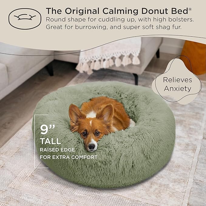 Best Friends by Sheri Original Calming Donut Dog and Cat Bed, Shag Faux Fur, Sage Green, (30in x 30in) - Anxiety Relief for Pets Up to 45 lbs