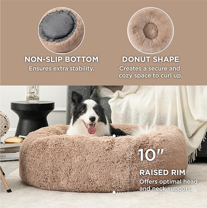 Bedsure Calming Dog Beds Large Sized Dog - Donut Washable Large Pet Bed, 36 inches Anti-Slip Round Fluffy Plush Faux Fur Dogs Bed, Fits up to 80 lbs Pets, Camel