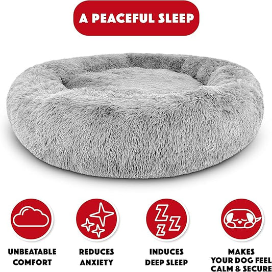 The Dog’s Bed Sound Sleep Donut Dog Bed, XXL Silver Grey Fur Calming Nest Bed Removable Cover, Veterinary Approved