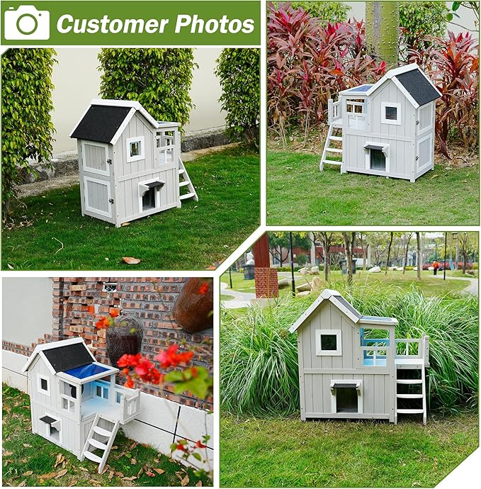 Outdoor Cat House, Cat Shelter for Feral Cats, Weatherproof 2-Story Wooden Cat House with Escape Door for 2-3 Cats