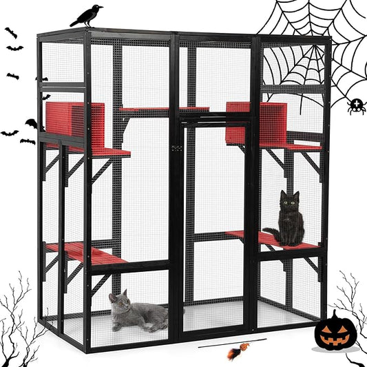 COZIWOW 70Inches Large Spacious Wooden Catio Outdoor Cat Enclosure with Perches and Condos, Cat Cage Indoor with Waterproof Roof, 7 Platforms & 2 Resting Box, UV Resistant (Gothic)