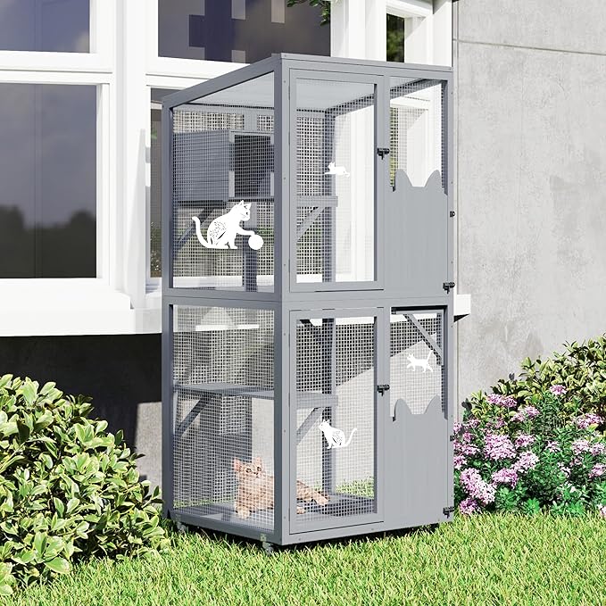 COZIWOW Catio Outdoor Cat Enclosure Window Access, Outdoor Cat House with Wheels, Cage for Cats Indoor(Grey, Medium)