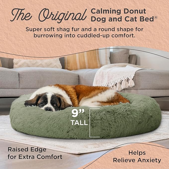 Best Friends by Sheri Original Calming Donut Dog and Cat Bed, Shag Faux Fur, Sage Green, XL (45in x 45in) - Anxiety Relief for Pets Up to 150 lbs