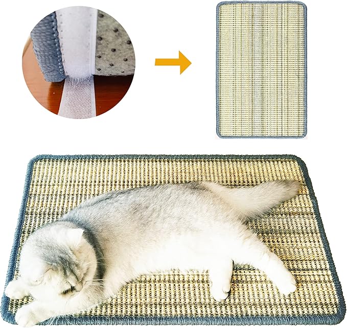 Cat Scratching Pad, 23.6 x 15.7inch Sisal Scratch Mat With Velcro Tapes, Stick on Floor Pad for Wall Scratcher, Horizontal Scratcher Protect Carpets and Sofa (Striped Style)