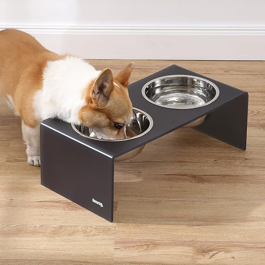 THE LICKER STORE DBL2001J Keaton 7.5" Medium/Large Modern Acrylic Rectangular Elevated Pet Feeder with 54oz 2-Stainless Steel Bowls, Dark Gray/Chrome