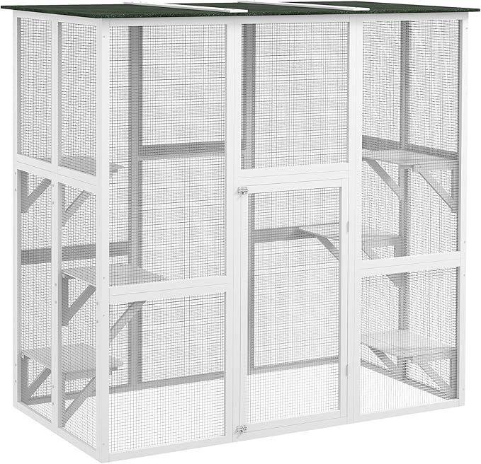 PawHut Outdoor Cat House Big Catio Wooden Feral Cat Shelter Enclosure with Large Spacious Interior, 6 High Ledges, Weather Protection Asphalt Roof, 71" L, White
