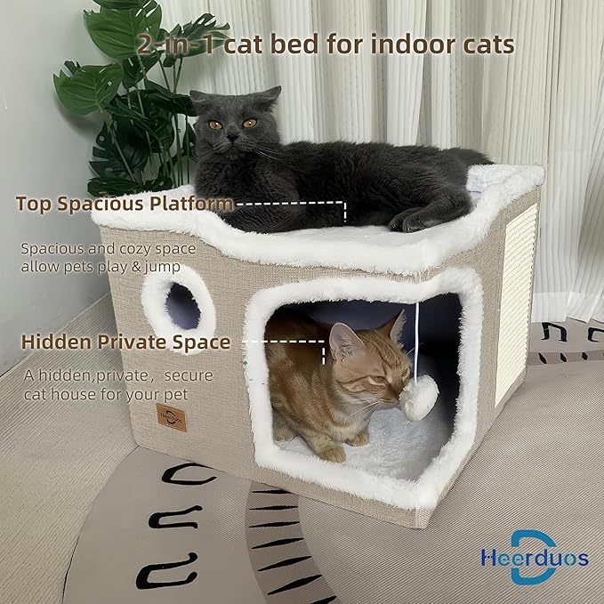 Cat Bed for Indoor Cats,Covered Cat Cave House & Furniture with Scratch Pad,Foldable Cat Hideaway Hut Cute Cat Condo with Soft Washable Mat for Multi Small Pet Under 30 lbs,Khaki