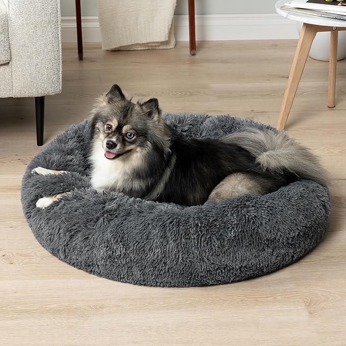 PetAmi Calming Dog Bed for Small Medium Dog Cat, Round Donut Washable, Fluffy Faux Fur Plush Cuddler Pet Kitten Cushion, Anti-Slip, Fits up to 25 lbs, 23 inch, Dark Gray