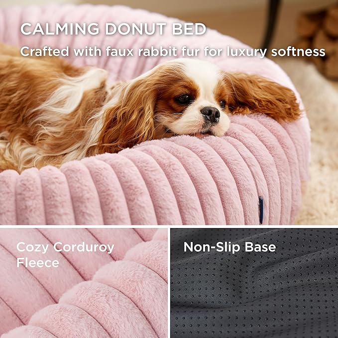 Bedsure Donut Large Dog Bed - Washable Faux Fur with Corduroy Fleece & Anti Slip Bottom, Round Pet Bed with Removable Cover, Blush Pink, 36x36x10 inches