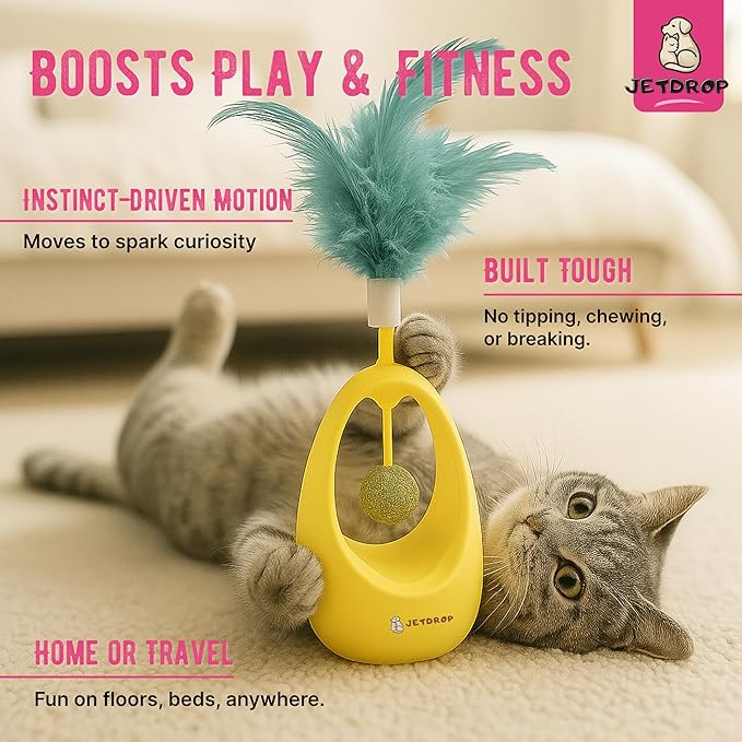 Cat Feather Toy - Interactive Self-Righting Wobble Tumbler with Catnip Ball for Indoor Cat Exercise and Entertainment - Silent Battery-Free - Perfect for Busy Owners (Yellow)
