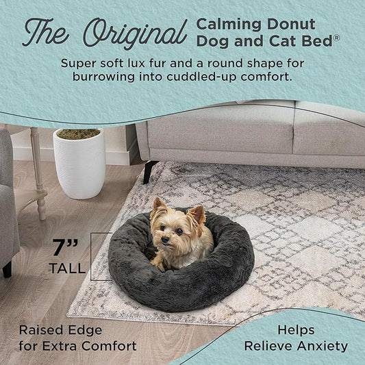 Best Friends by Sheri Original Calming Donut Dog and Cat Bed, Lux Faux Fur, Mink Dark Gray, XS (18in x 18in) - Anxiety Relief for Pets Up to 10 lbs