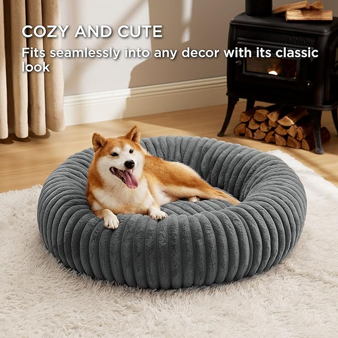 Bedsure Donut Large Dog Bed - Washable Faux Fur with Corduroy Fleece & Anti Slip Bottom, Round Pet Bed with Removable Cover, Warm Grey, 36x36x10 inches