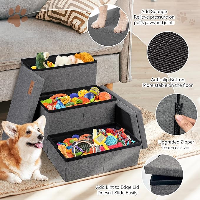 Dog Stairs with Storage 18" H, 3-Step Wider Dog Steps for Small/Medium/Large Old Dogs Cats, Folding Sturdy Pet Stairs Climbing Bed Couch, Ramp for Car Hold Up to 200 lbs (Dark Grey, No Condo)