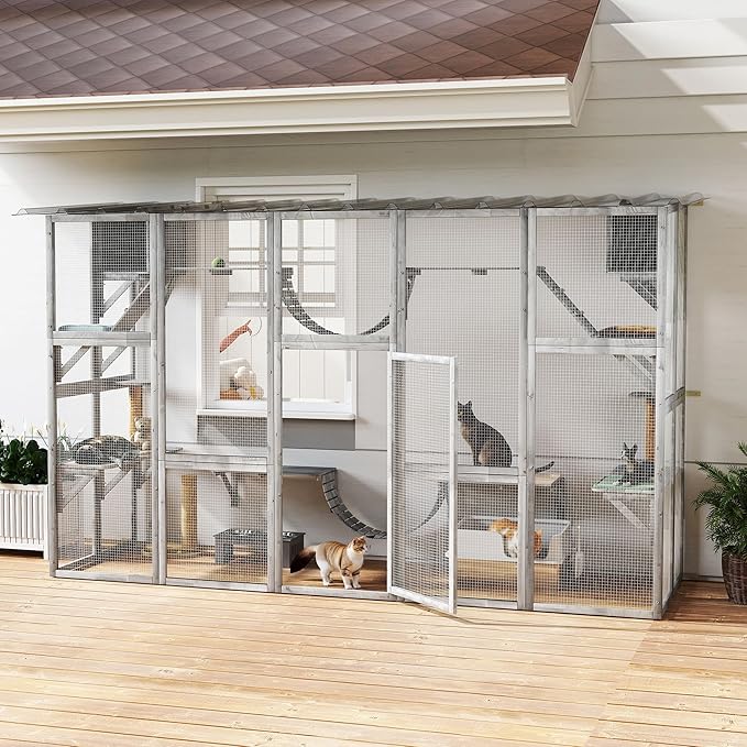 PawHut Catio Outdoor Cat Enclosure Window, Outdoor Cat House with Weather Protection Roof for Multiple Kitties, Wooden Frame, Shelves & Bridges, 118" x 37.5" x 74", Gray