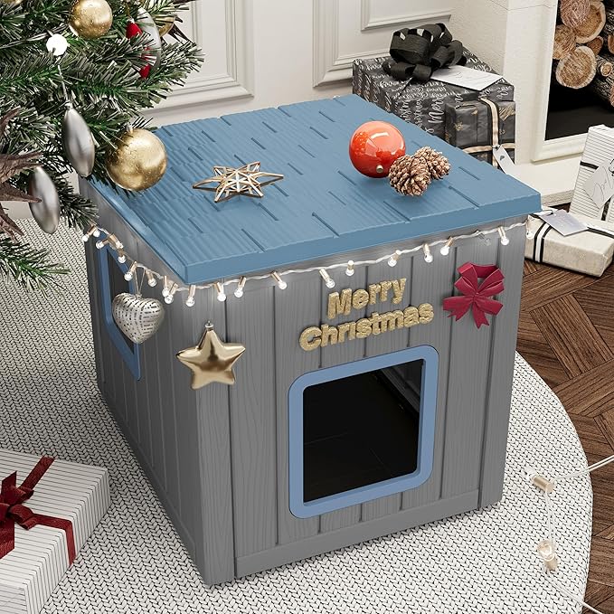 NUNU Outdoor Cat House – Weatherproof & UV Resistant PP Material Shelter with Sloped Asphalt Roof, Durable Cat Condo for Garden, Patio, and Backyard (Blue, Large)