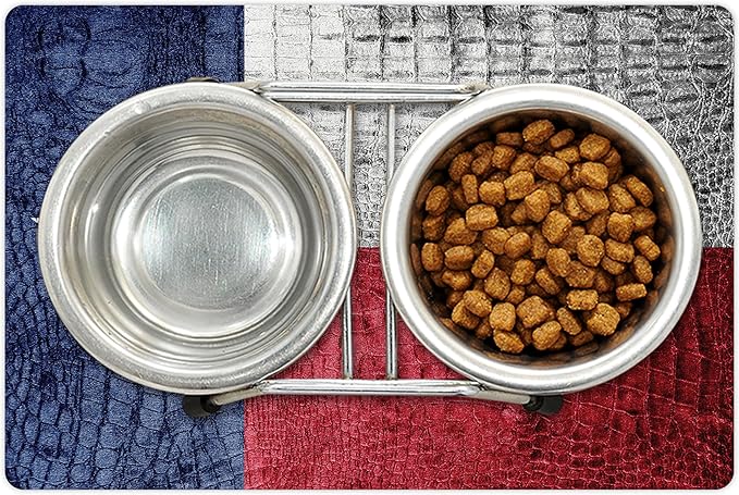 Lunarable Western Pet Mat for Food and Water, Texas State Flag Painted on Crocodile Snake Skin Patriotic Emblem Image, Non-Slip Rubber Mat for Dogs and Cats, 18" X 12", White Blue