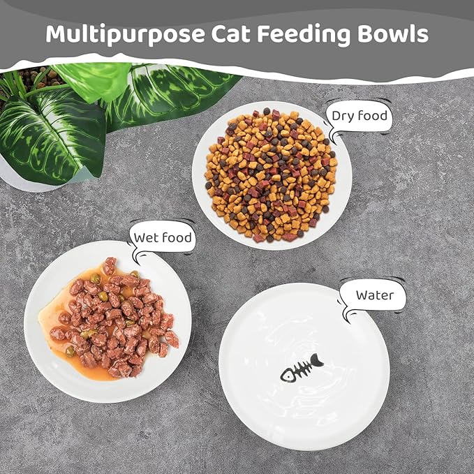 Dorakitten Ceramic Cat Bowls 6 Pack, No Whisker Fatigue Wide Shallow Cat Dishes with Non-Slip Silicone Bottom, Pet Food & Water Plates, 15cm Diameter