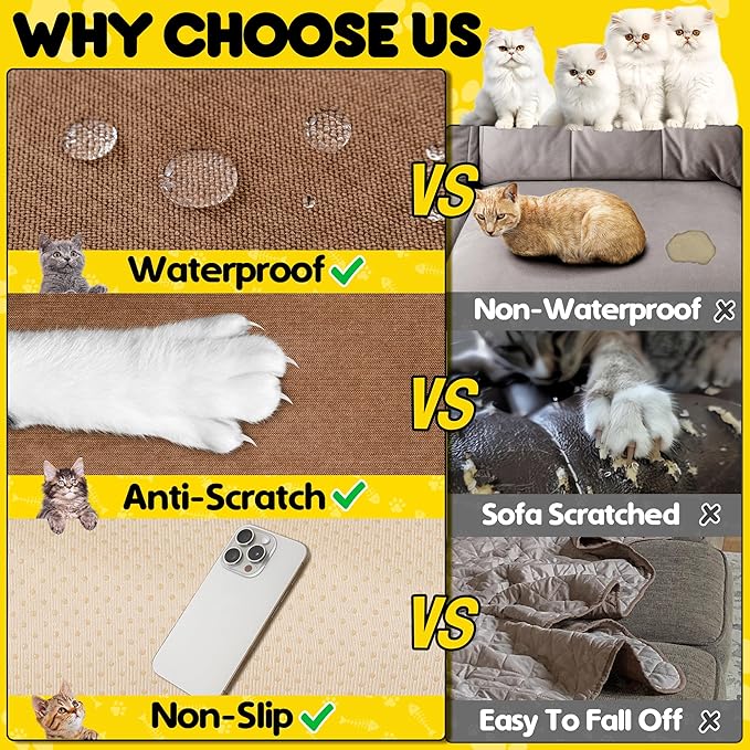 Cat Scratch Furniture Protector - Anti-Slip, Waterproof Sofa Cover to Keep Cats Off, Pet-Friendly Couch Protectors for 3 Cushion Couch, Brown Anti-Scratch Couch Cover for Pets and Kids 150"X71"