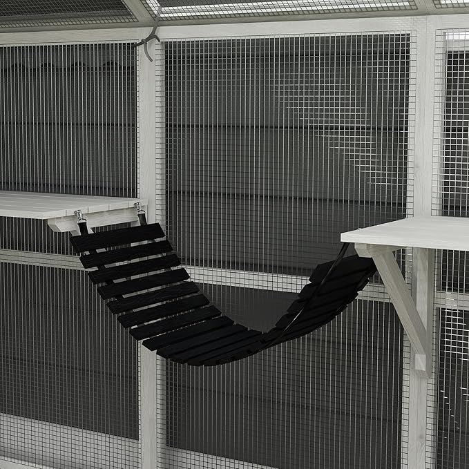 PawHut Large Catio Outdoor Cat Enclosure for Multiple Kittens, Wooden Cat House with Waterproof Cover, Walk in Kitty Cage Kennel with 2 Condos, 6 Platforms, Bridge, Doors, 110" x 73" x 74", White