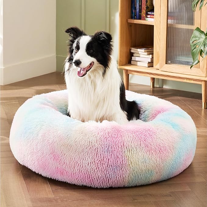 Bedsure Calming Dog Bed for Large Dogs - Donut Washable Large Pet Bed, Anti-Slip Round Fluffy Plush Faux Fur Dog Bed, Fits up to 80 lbs Pets, Multi-Colored, 36 inches