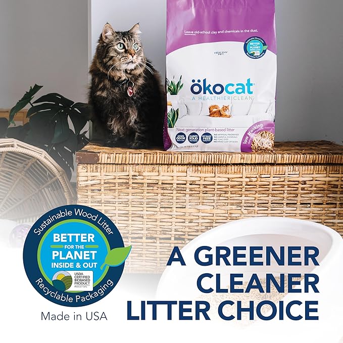 ökocat Less Mess Low Tracking Wood Clumping Cat Litter Mini- Pellets, Unscented, 14 pounds - Natural Ingredients, Stops Odor, Clumps Solid, 99% Dust Free, Great for Long-Hair Breeds