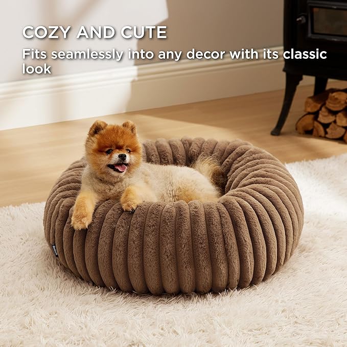 Bedsure Donut Small Dog Bed - Dog Beds for Small Dogs with Corduroy Fleece & Anti Slip Bottom, Round Faux Fur Pet Beds with Washable Removable Cover, Copper Brown, 23x23x7 inches