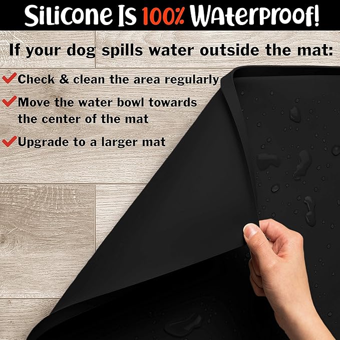 DogBuddy Dog Food Mat – Waterproof Dog Bowl Mat for Food and Water, Silicone Pet Feeding Mats for Floors, Non-Slip Placemat with High Edges for Dogs Bowls, Puppy Essentials (XL: 28" x 18", Black)