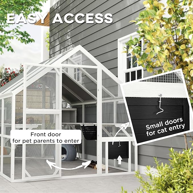 PawHut Large Catio Outdoor Cat Enclosure for Multiple Kittens, Wooden Cat House with Waterproof Cover, Walk in Kitty Cage Kennel with 2 Condos, 6 Platforms, Bridge, Doors, 110" x 73" x 74", White