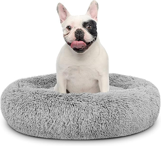 The Dog’s Bed Sound Sleep Donut Dog Bed, Med Silver Grey Fur Calming Nest Bed, Veterinary Approved