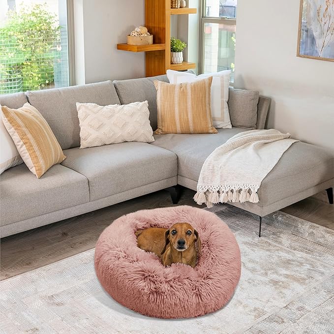 Best Friends by Sheri Original Calming Donut Dog and Cat Bed, Shag Faux Fur, Dusty Rose, (23in x 23in) - Anxiety Relief for Pets Up to 25 lbs