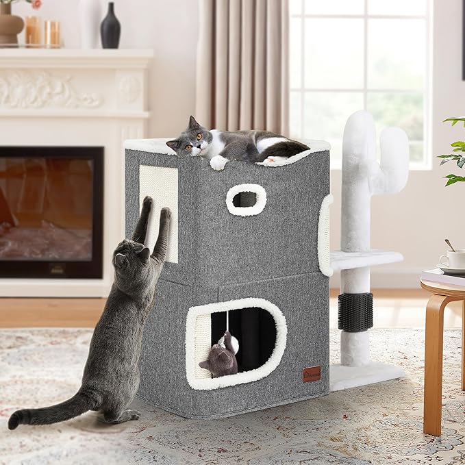 YITAHOME 2-Tier Cat House, Cat Beds for Indoor Cats, Small Cat Condo with Highway Cave, Scratch & Itching Post, Clmibing Stand, Modern Cat Cube Playhouse for Multi Kittens, Grey