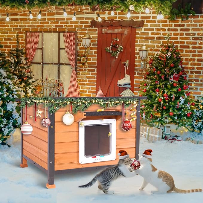 Outdoor Cat House, Feral Cat Houses Waterproof of All-Around Iron Frame, Solid Wooden Cat Shelter with Adjustable Door for Cats, Dogs and Other Small Animals